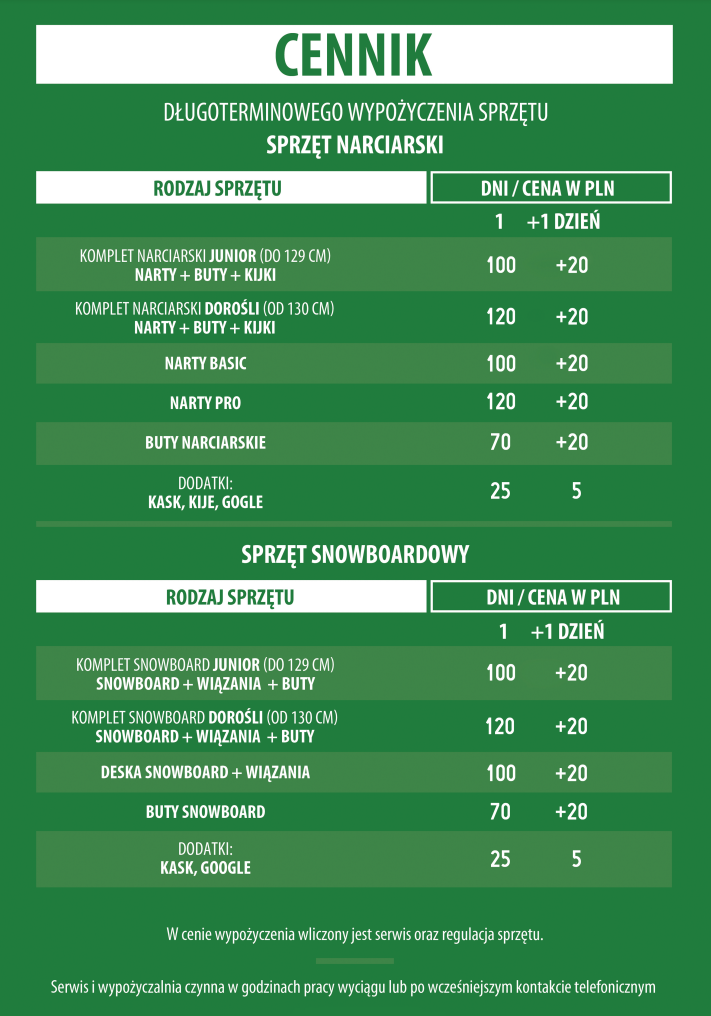 Cennik długoterminowy wypożyczalni SosnoPark